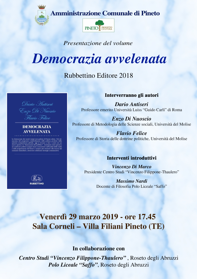 Editoria.Villa Filiani di Pineto:si presenta il volume “Democrazia Avvelenata”