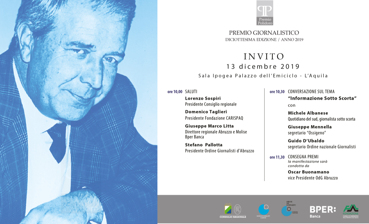 Abruzzo Giornalisti.Premio “Guido Polidoro”: 18° edizione il 13 dicembre Palazzo Emiciclo