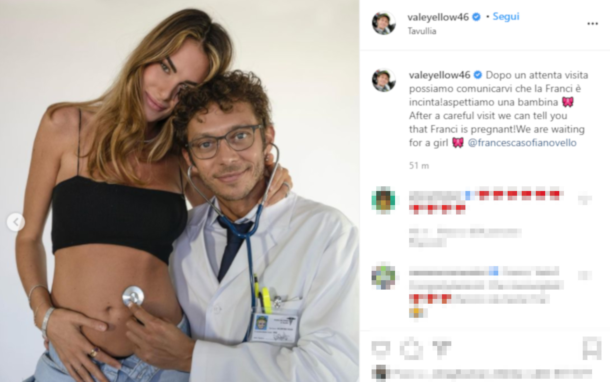 News Nazionali. Valentino Rossi annuncia:” La Franci è incinta: aspettiamo una bambina”. Presto le nozze?