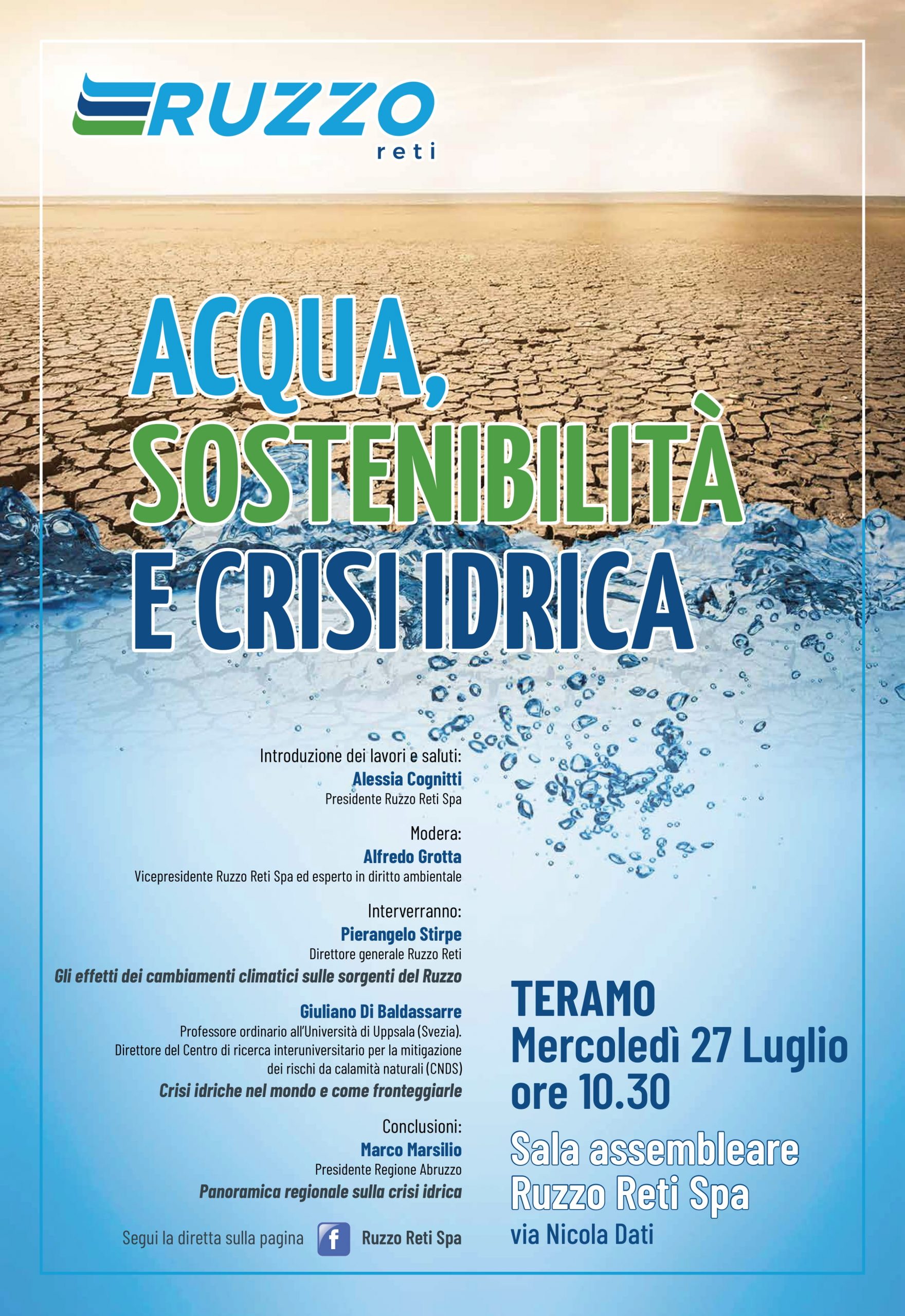 Teramo. Ruzzo Reti: il 27 luglio convengo su “Acqua, sostenibilità e crisi idrica”