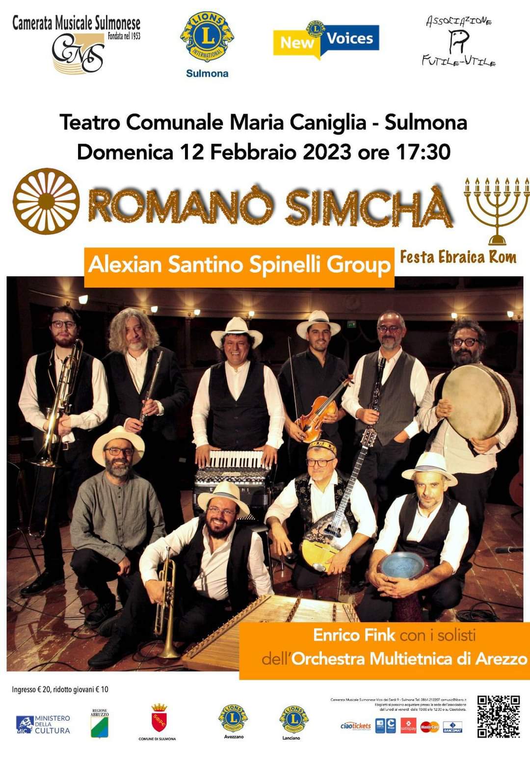 Sulmona. Teatro Caniglia:  Festa Ebraica  Rom con Alexian, Enrico Fink e l’Orchestra Multietnica di Arezzo