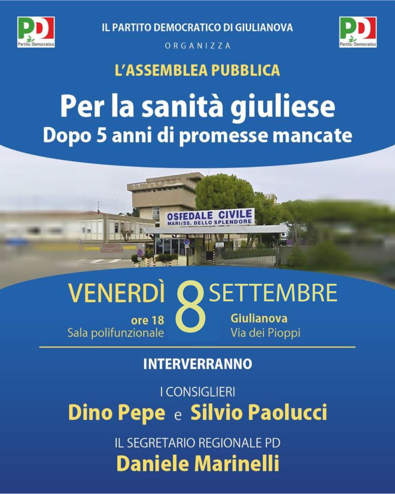 Venerdì a Giulianova assemblea pubblica convocata dal PD sulla “Sanità giuliese” 