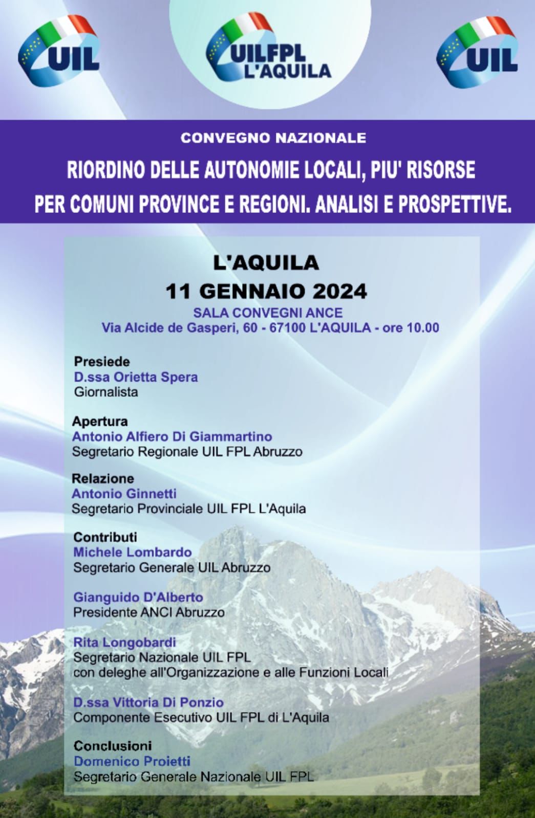 UIL Abruzzo. L’Aquila:  convegno nazionale sul “Riordino delle autonomie locali”