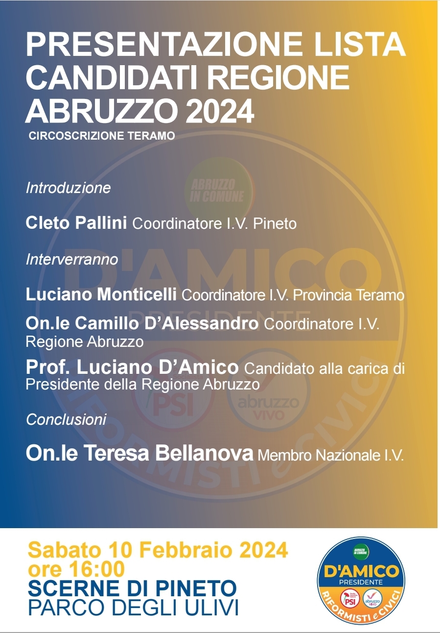 Abruzzo regionali 2024.Sabato presentazione della lista “Riformisti e civici” per D’Amico Presidente. Ecco tutti i candidati