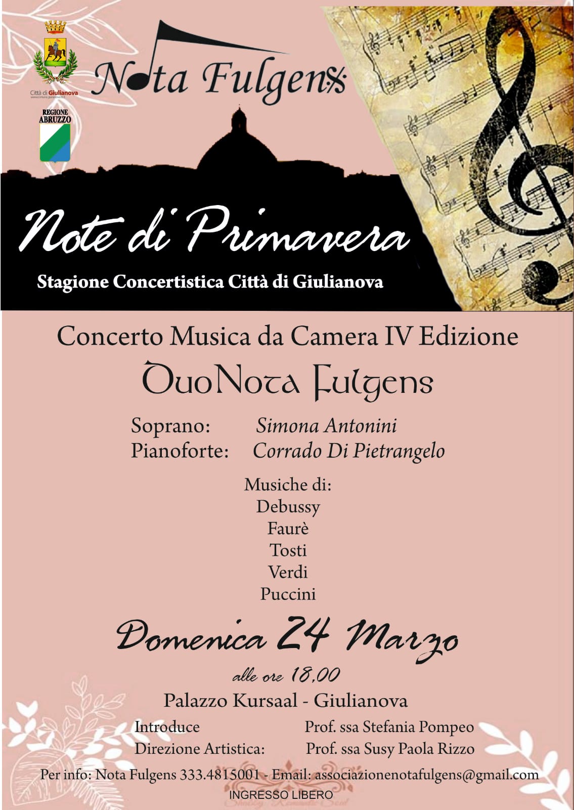 Musica. Giulianova & Kursaal:”Nota Fulgens”, un concerto come preludio della primavera
