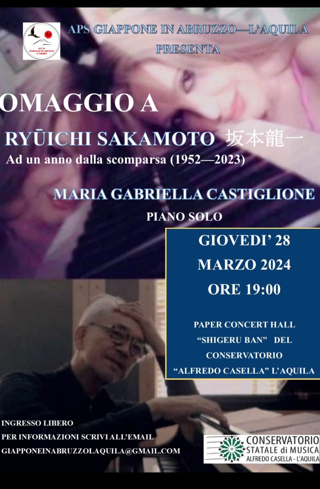 L’Aquila. “Associazione Giappone Abruzzo”: omaggio a R. Sakamoto, solo piano con Maria Gabriella Castiglione